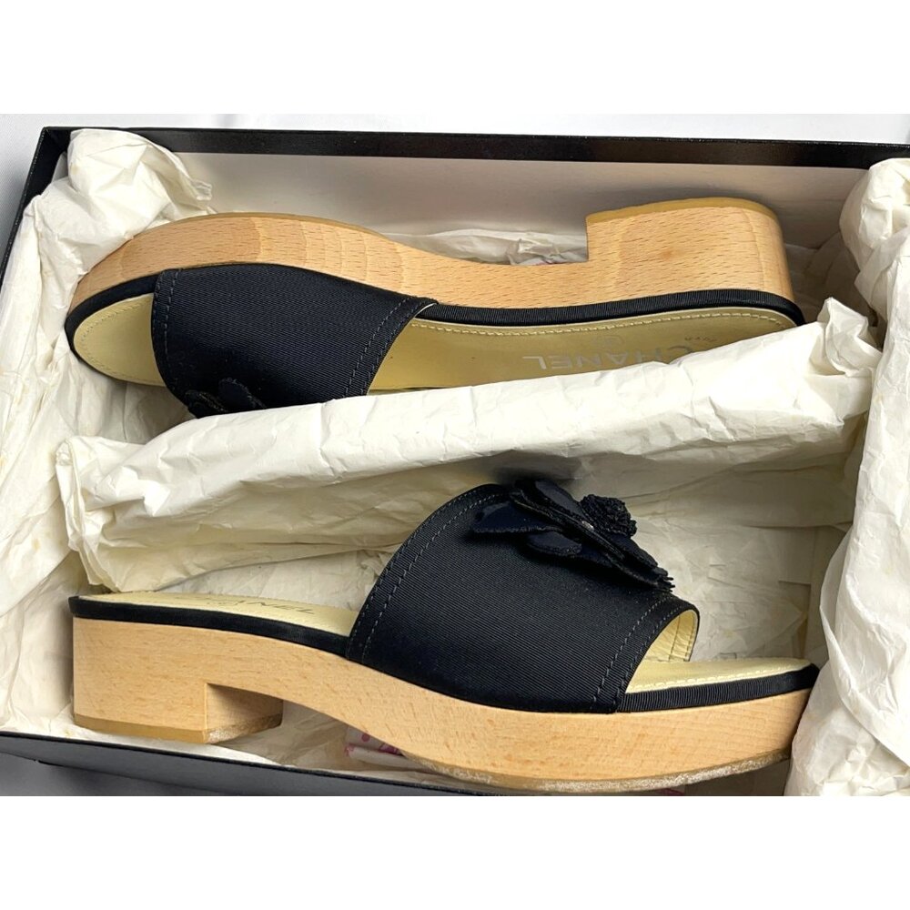 CHANEL CC 2015 Interlocking CC Logo Slides Shoes Sandals Wood +Box Sz 38 US 7.5 - Picture 16 of 16